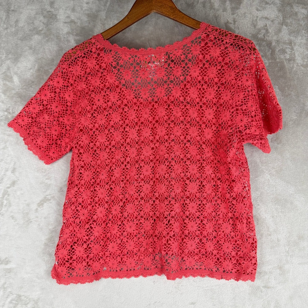 vintage Crochet Cotton Cardigan April Cornell Pink Floral Short Sleeve Button L - Picture 3 of 8
